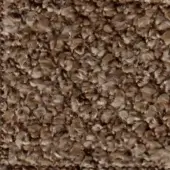 Brown looped pile fabric texture with mottled beige and chocolate hues, dense short loops, and subtle printed identification text.
